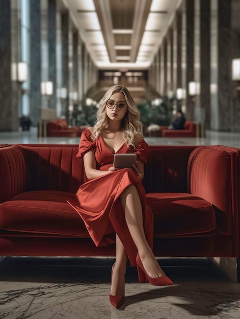 Mujer profesional con traje elegante sentada en el sofá y mirando por la ventana con vista a la ciudad