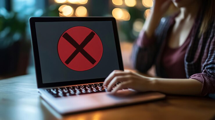Foto mujer profesional usando una computadora portátil con un letrero de censura