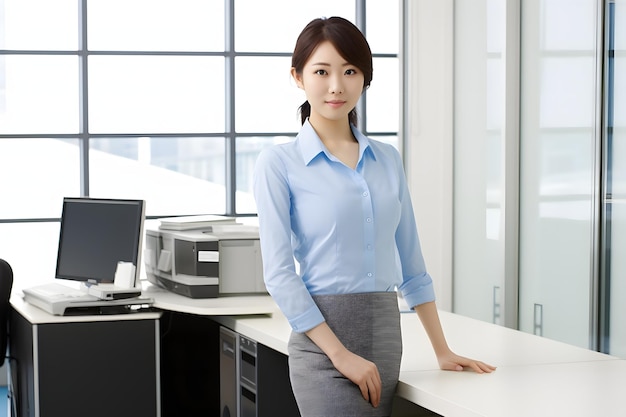 Foto mujer profesional en vestimenta de negocios de pie con confianza frente a un escritorio con una impresora y un documento