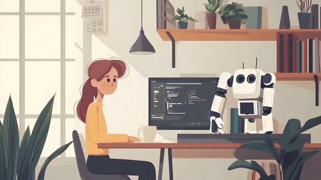 Mujer programadora trabajando con asistente robot en el escritorio