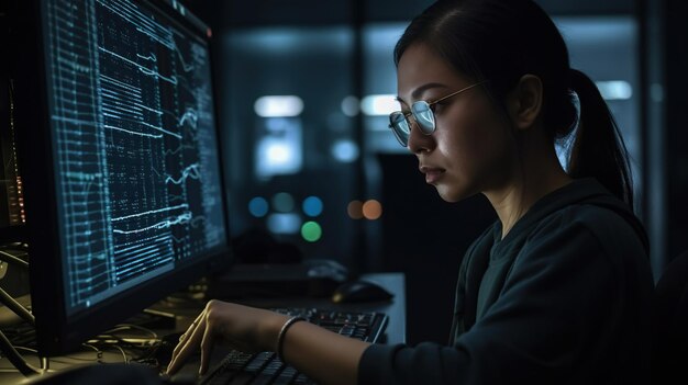 Mujer programadora trabajando en una computadora en una habitación oscura con una pantalla de computadora que muestra datos en la pantalla IA generativa