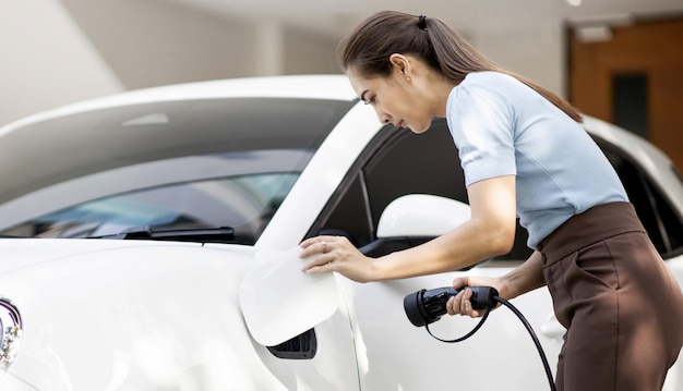 Mujer progresista recarga su coche EV en la estación de carga doméstica