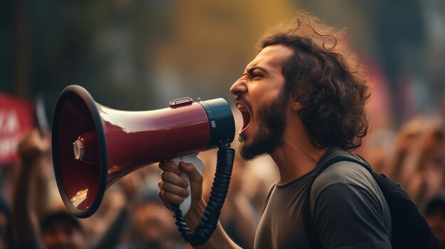 Foto mujer protestando con megáfono en la ciudad