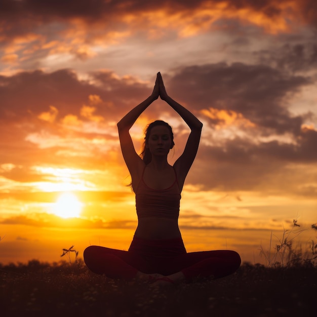 Mujer en la puesta de sol haciendo yoga