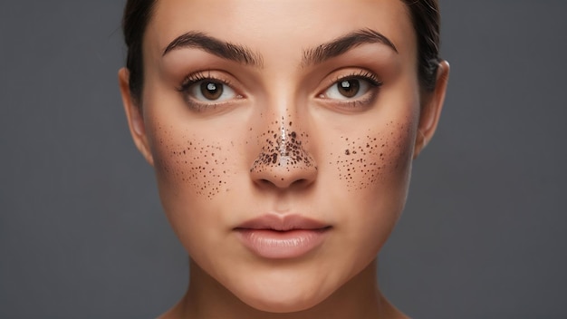 Una mujer con puntas negras o puntos negros en la nariz, acné, comedones, poros agrandados en la cara.