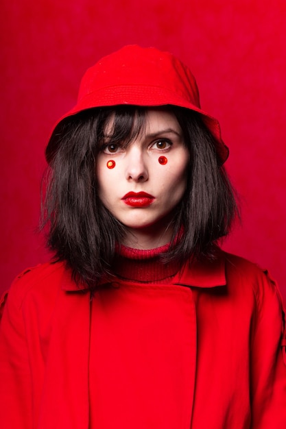 mujer con puntos brillantes debajo de los ojos un color rojo