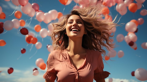 Mujer que anima saltando con globos de colores al cielo azul