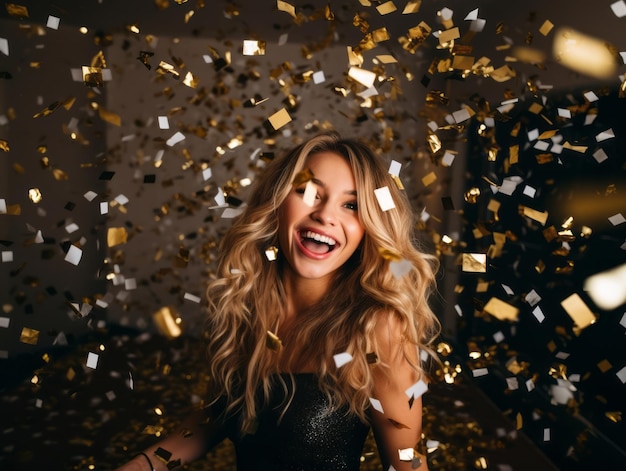 Mujer que asiste a una fiesta de Nochevieja con un vestido elegante