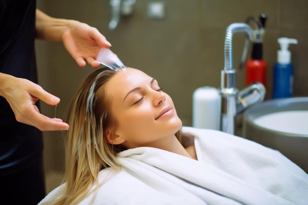 una mujer que se cepilla el cabello por un peluquero