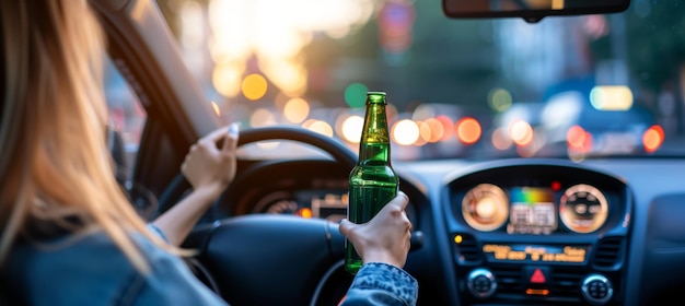 Foto una mujer que conduce un vehículo bajo la influencia de bebidas alcohólicas con una botella de cerveza en el espacio de copia.