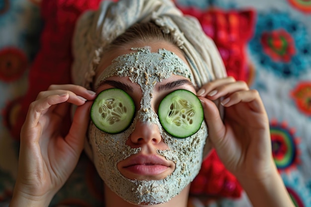 Foto una mujer que se dedica al cuidado personal acostada mientras aplica una máscara facial casera posiblemente hecha de avena o ingredientes naturales rebanadas de pepino en sus ojos para el rejuvenecimiento