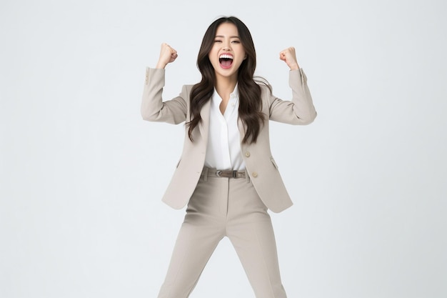 Una mujer que está complacida con un traje de negocios sonriente.