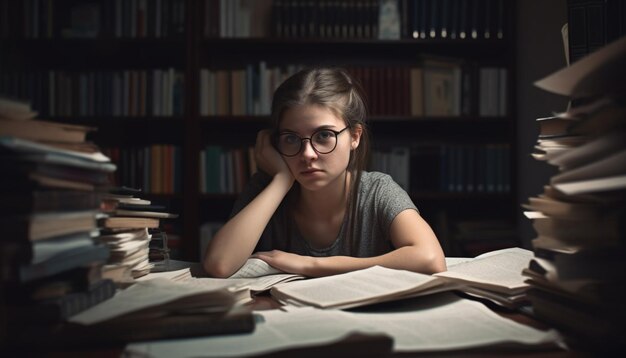 Una mujer que estudia literatura rodeada de libros de texto y frustración generada por la IA