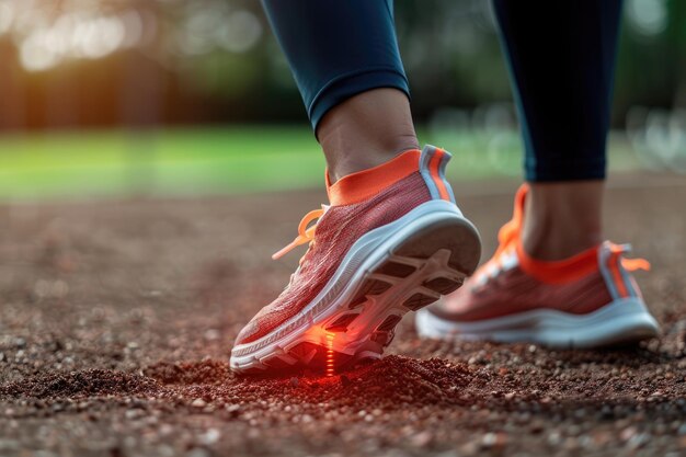 Foto una mujer que experimenta incomodidad en el pie en un campo deportivo una lesión en el tendón de aquiles generativo ai