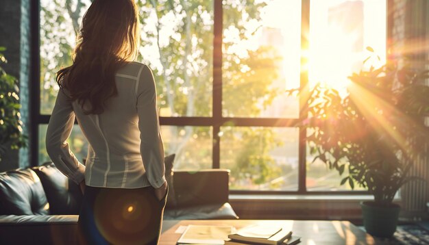 Una mujer que irradia confianza se posiciona en una postura fuerte lista para una reunión