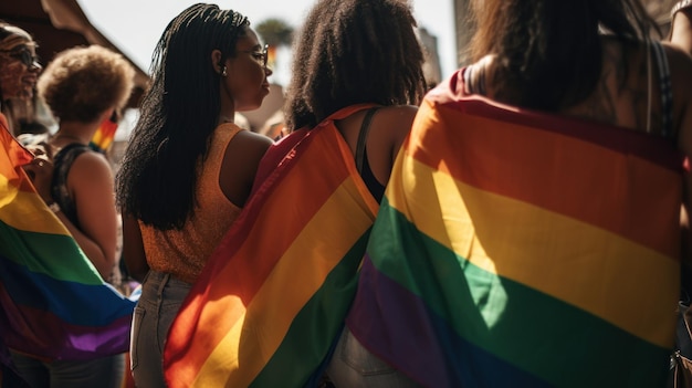 Una mujer que lleva una bandera del arco iris se coloca sobre una multitud.