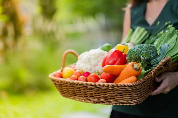 mujer que lleva una cesta de verduras con fondo natural