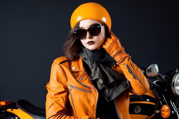 Una mujer que lleva una chaqueta de cuero naranja y gafas de sol se encuentra junto a una motocicleta.