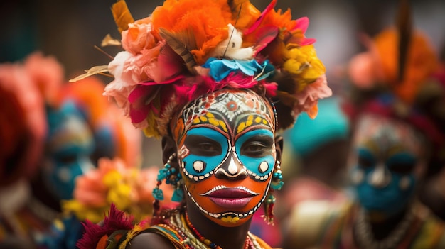 una mujer que lleva una máscara colorida con plumas y plumas en la cabeza lleva una máscara colorida.