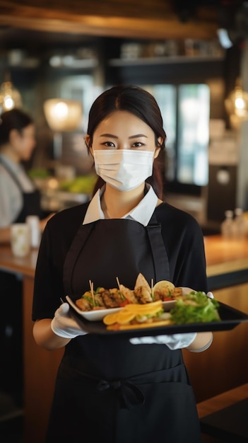 una mujer que lleva una mascarilla sostiene un plato de comida frente a ella.