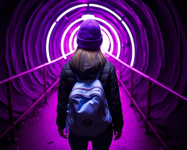 Foto una mujer que lleva una mochila se encuentra frente a un túnel violeta