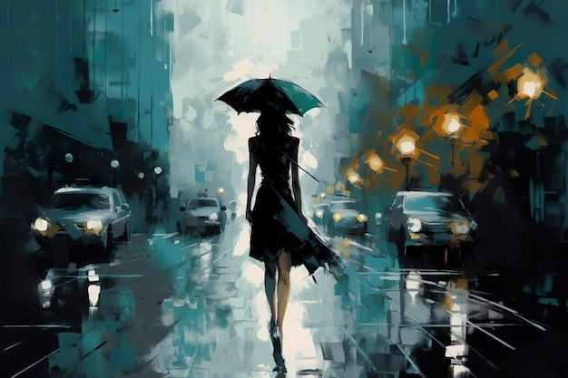 mujer que lleva un paraguas al estilo de pintura rápida josh adamski verde azulado oscuro y negro claro