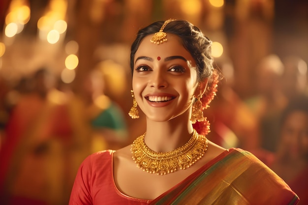 Una mujer que lleva un sari rojo con collares de oro.