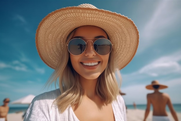 Una mujer que lleva un sombrero de paja y gafas de sol se encuentra en una playa.