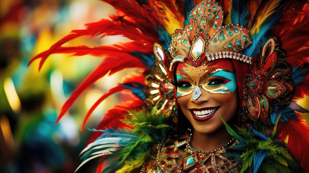 una mujer que lleva un traje colorido con un tocado de plumas de colores.