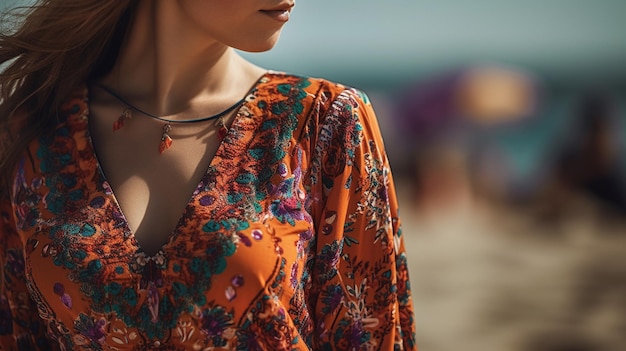 Una mujer que lleva un vestido naranja con un patrón de flores se encuentra en una playa.