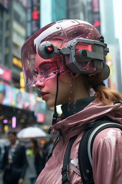 Foto una mujer que llevaba un abrigo rosa y un casco de plástico rosa