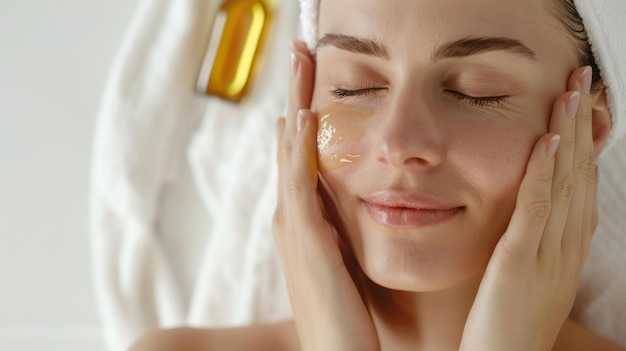 Foto una mujer que se masajea la cara con aceite facial que promueve la relajación y el cuidado de la piel