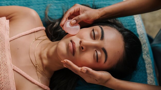 Foto mujer que se masajea a sí misma con piedra de cuarzo rosa gua sha