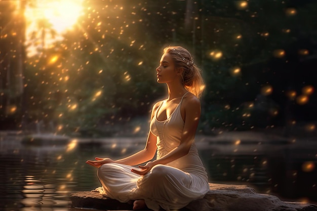 Foto una mujer que medita con un vestido blanco se sienta en una roca en el agua con el sol brillando aigenerated