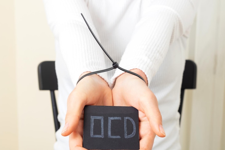 Foto mujer que muestra la tarjeta ocd escrita con manos handcoffed