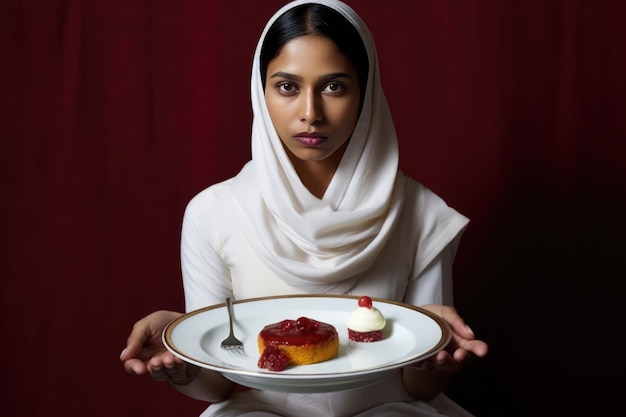 Una mujer que presenta un delicioso postre con un tenedor.