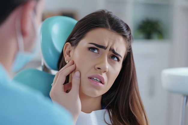 Mujer que se queja de dolor de dientes durante la cita en el consultorio del dentista.