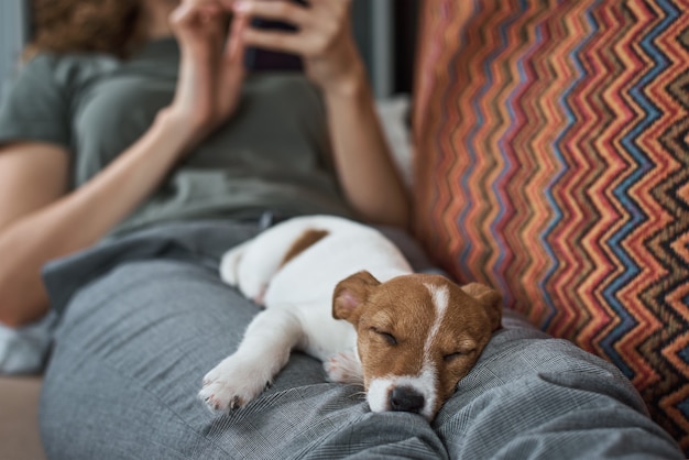 Foto mujer que se relaja con su perro de perrito de jack russell terrier en el sofá. buenas relaciones y amistad entre el dueño y la mascota animal.