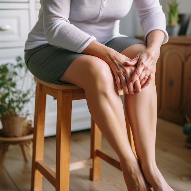 Foto mujer que siente dolor en la rodilla sentada en un taburete y planta en el fondo