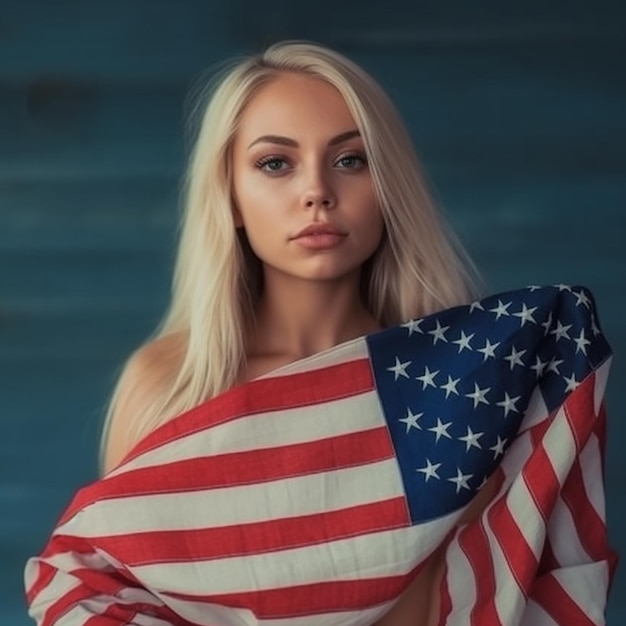 Una mujer que sostiene una bandera americana