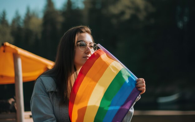 Foto una mujer que sostiene una bandera del arco iris