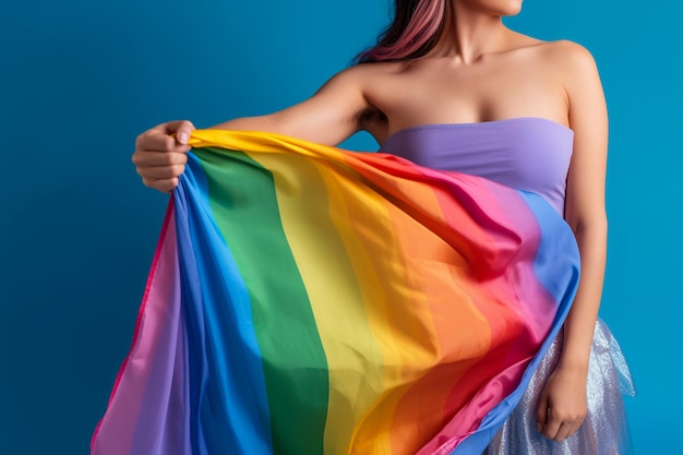 Una mujer que sostiene una bandera del arco iris