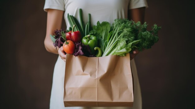 Una mujer que sostiene una bolsa de papel marrón llena de verduras.