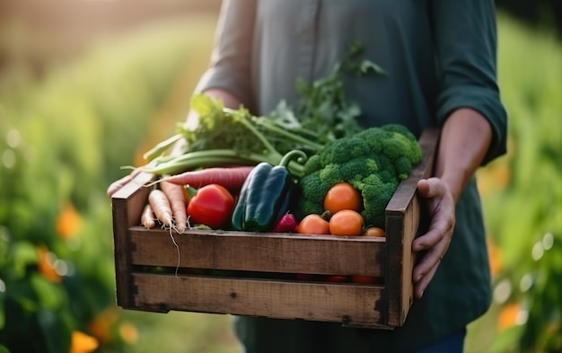 Una mujer que sostiene una caja de madera con verduras.