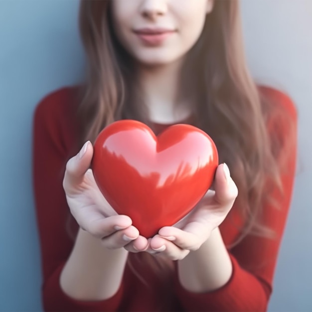 Una mujer que sostiene un corazón rojo en sus manos.