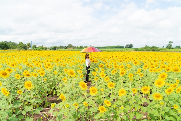 Mujer que sostiene un paraguas en un campo del girasol.