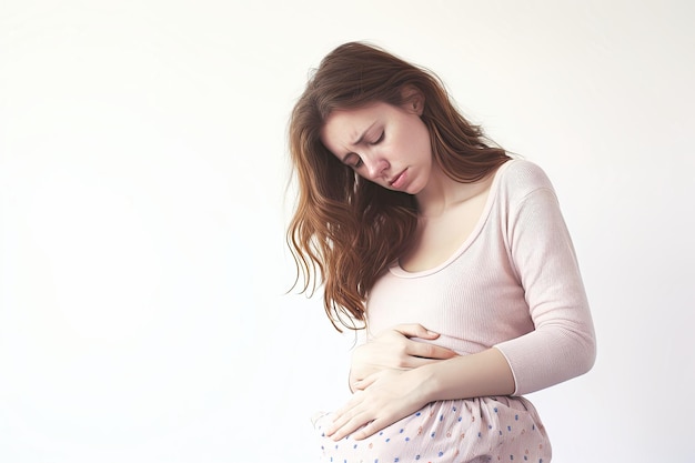 Mujer que sostiene su estómago con dolor
