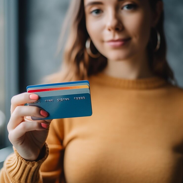 Una mujer que sostiene una tarjeta de crédito azul con el número 7.