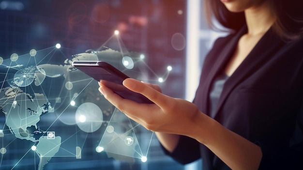 Una mujer que sostiene un teléfono inteligente con la nube de palabras en la pantalla