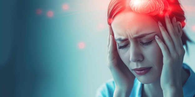 Mujer que sufre de dolor de cabeza Deprimida y estresada por el dolor y la migraña
